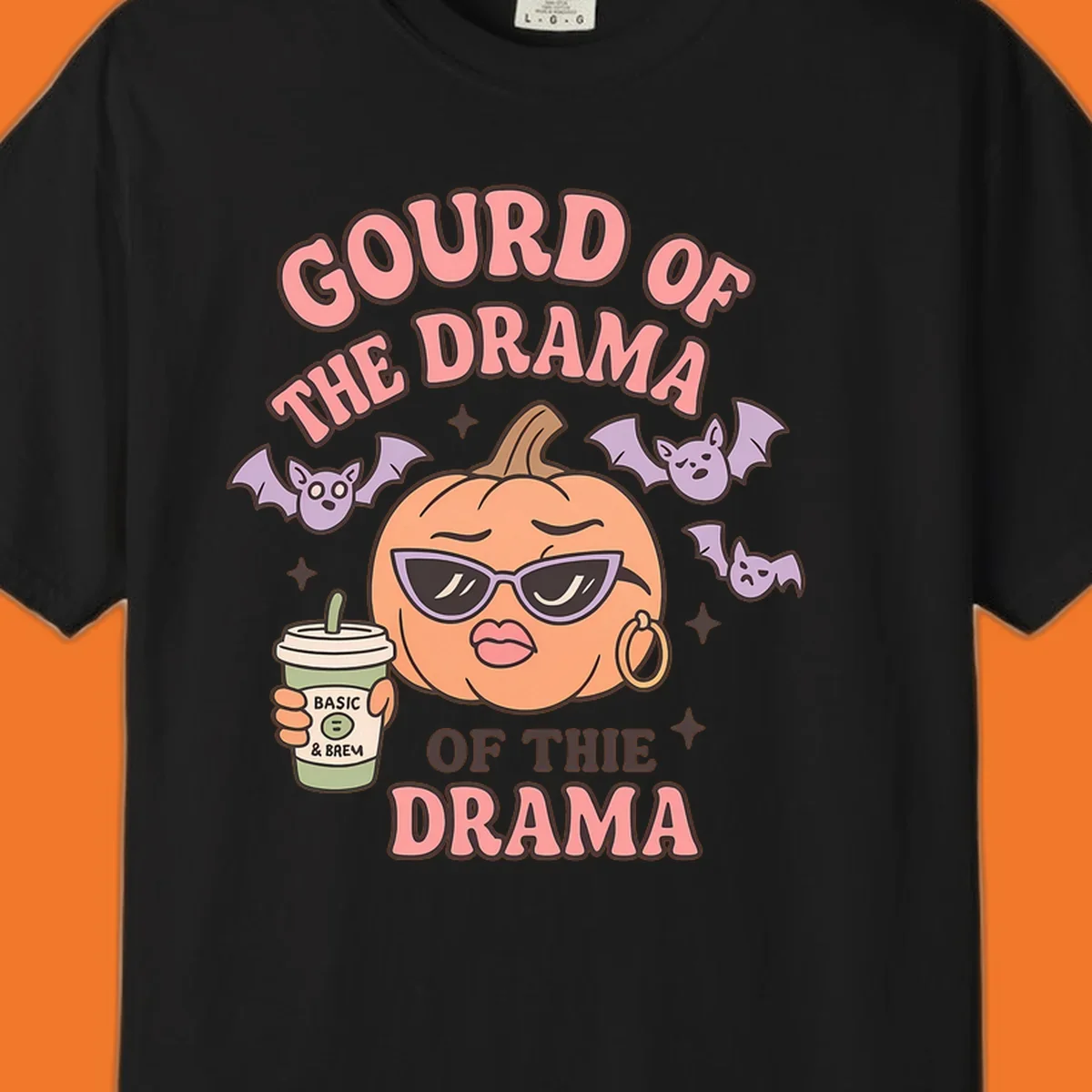 Gourd of the drama pumpkin with sunglasses and bats, holding a coffee cup.