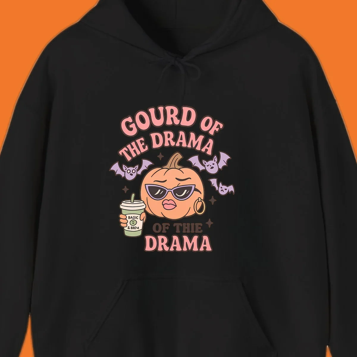 Gourd of the drama pumpkin with sunglasses and bats, holding a coffee cup.