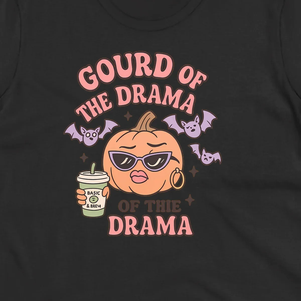Gourd of the drama pumpkin with sunglasses and bats, holding a coffee cup.