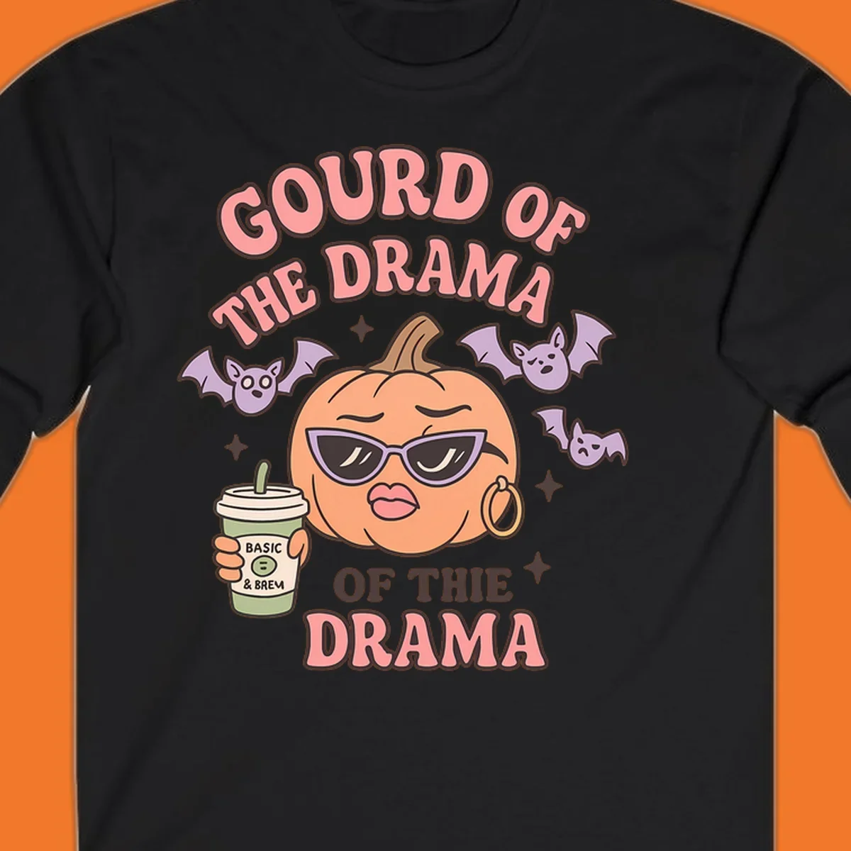 Gourd of the drama pumpkin with sunglasses and bats, holding a coffee cup.