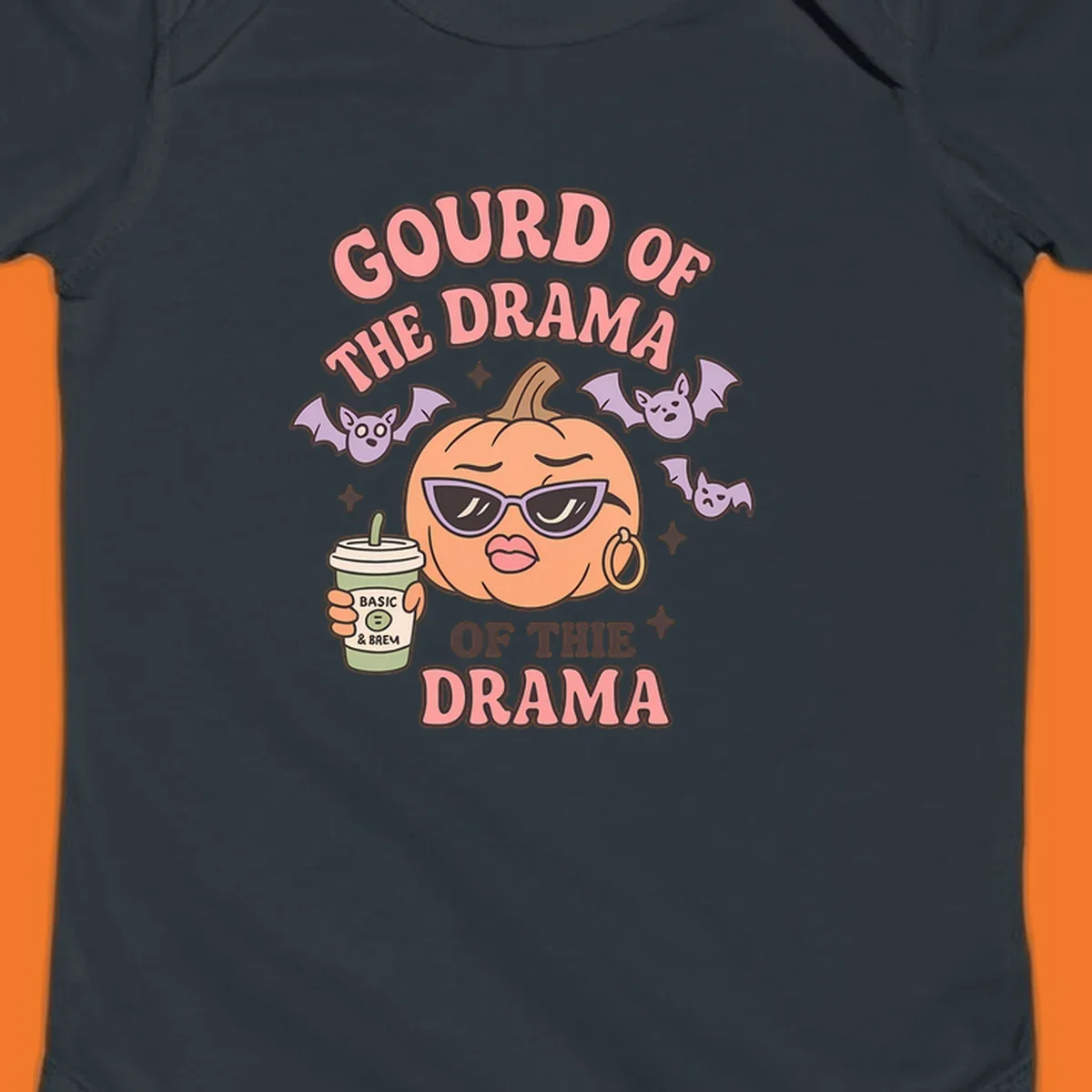 Gourd of the drama pumpkin with sunglasses and bats, holding a coffee cup.