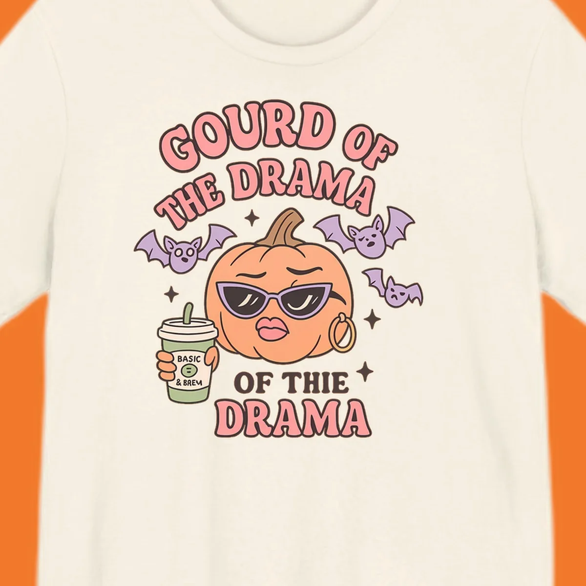 Gourd of the drama pumpkin with sunglasses and bats, holding a coffee cup.