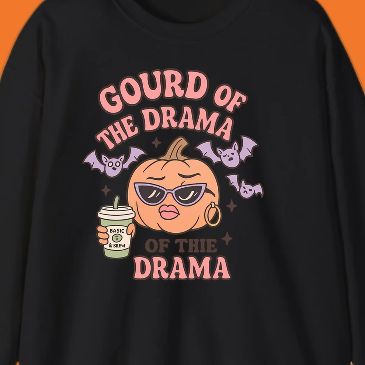 Gourd of the drama pumpkin with sunglasses and bats, holding a coffee cup.