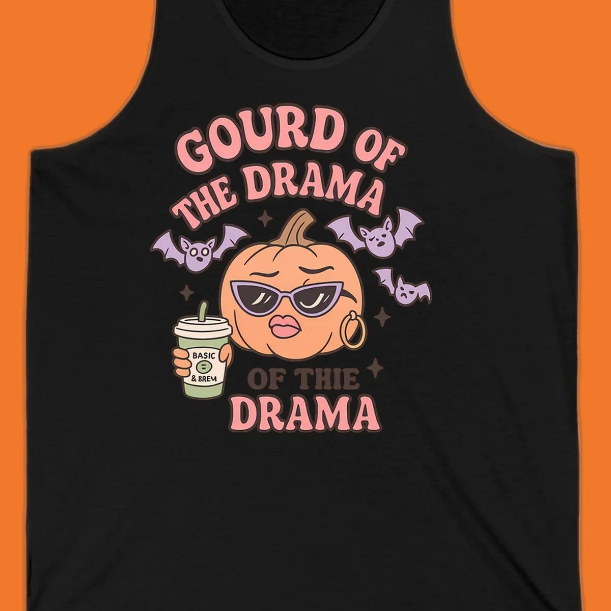 Gourd of the drama pumpkin with sunglasses and bats, holding a coffee cup.