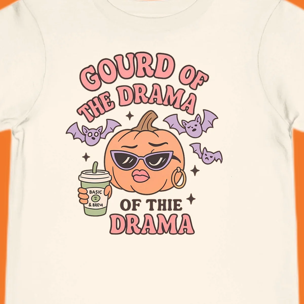 Gourd of the drama pumpkin with sunglasses and bats, holding a coffee cup.