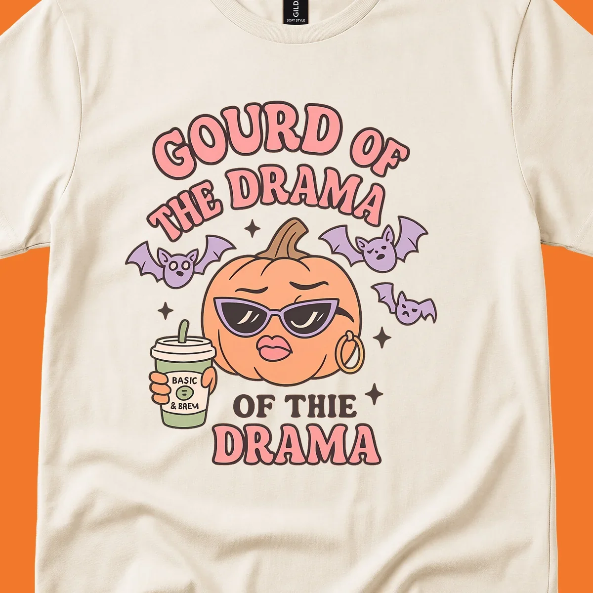 Gourd of the drama pumpkin with sunglasses and bats, holding a coffee cup.