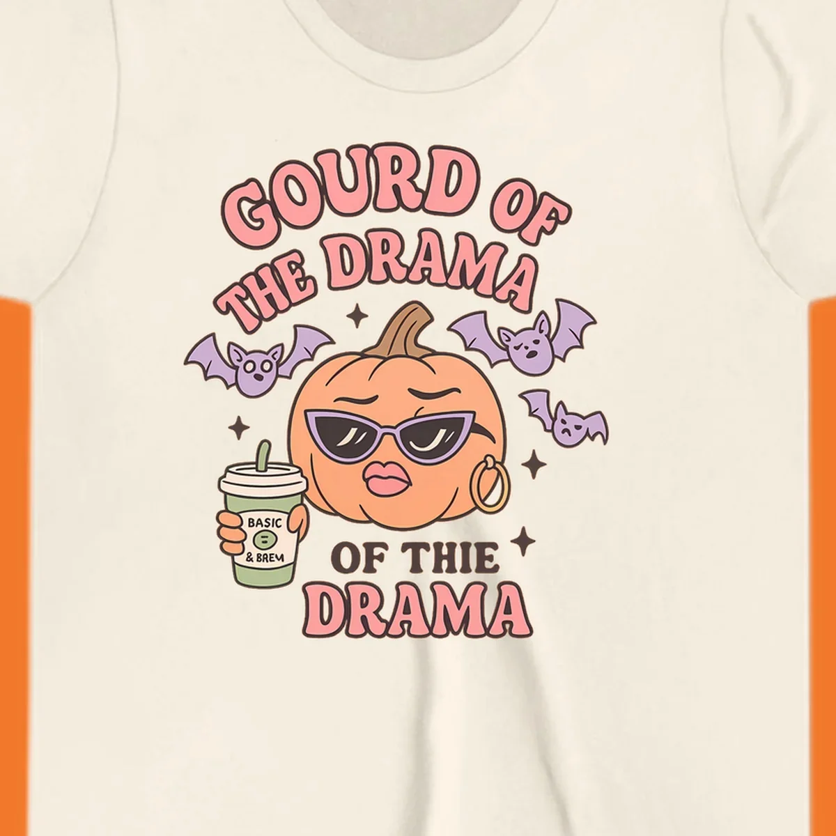 Gourd of the drama pumpkin with sunglasses and bats, holding a coffee cup.
