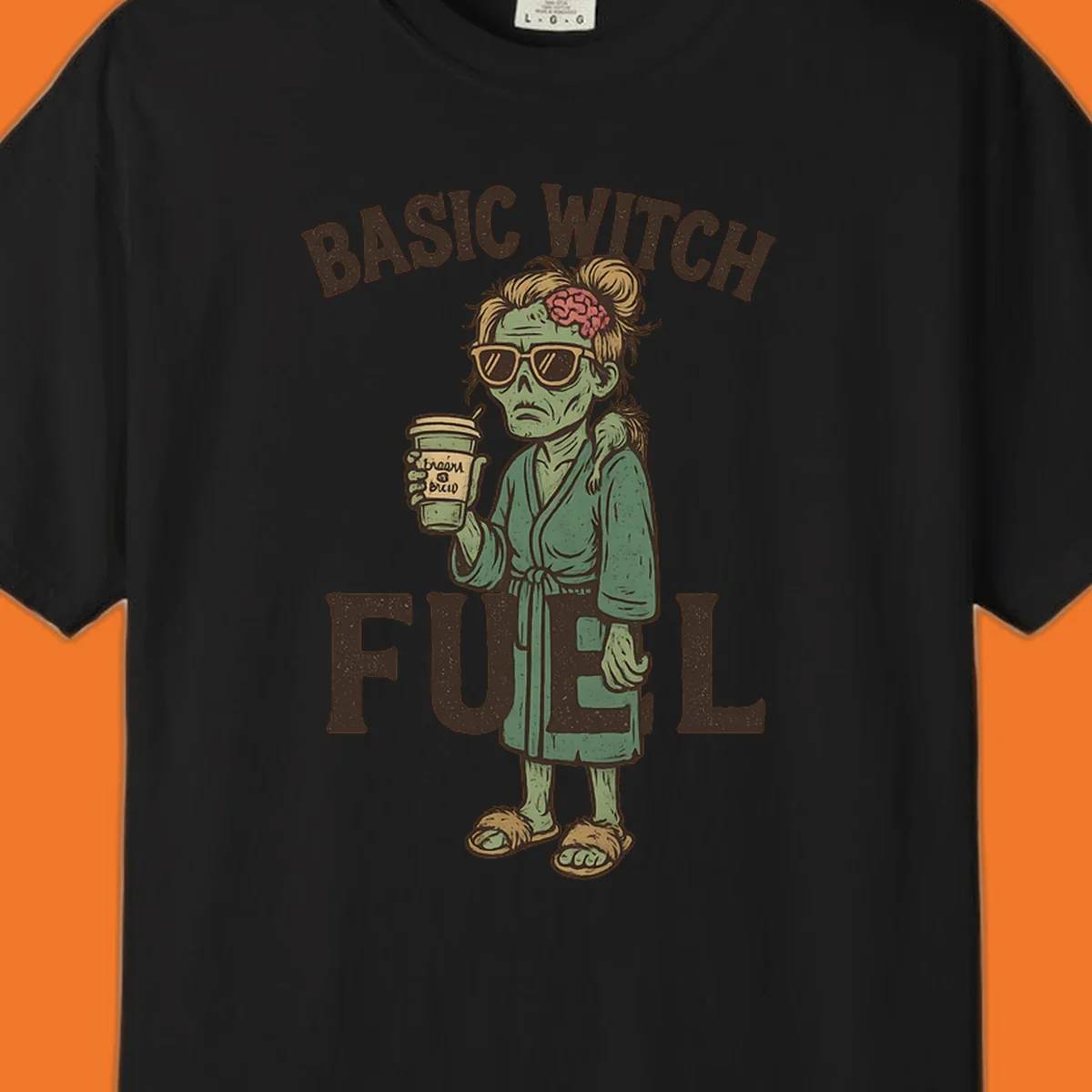 Basic witch fuel zombie woman with exposed brain drinking coffee, Halloween shirt design.
