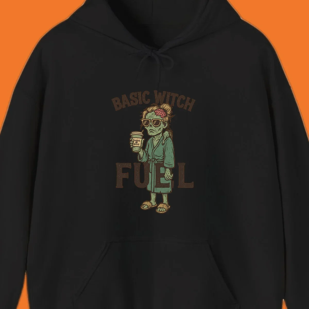 Basic witch fuel zombie woman with exposed brain drinking coffee, Halloween shirt design.