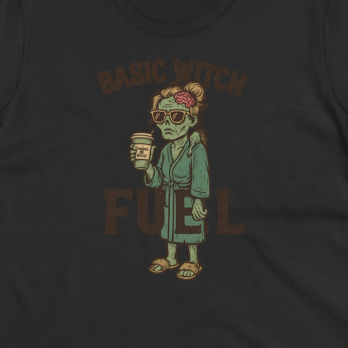 Basic witch fuel zombie woman with exposed brain drinking coffee, Halloween shirt design.