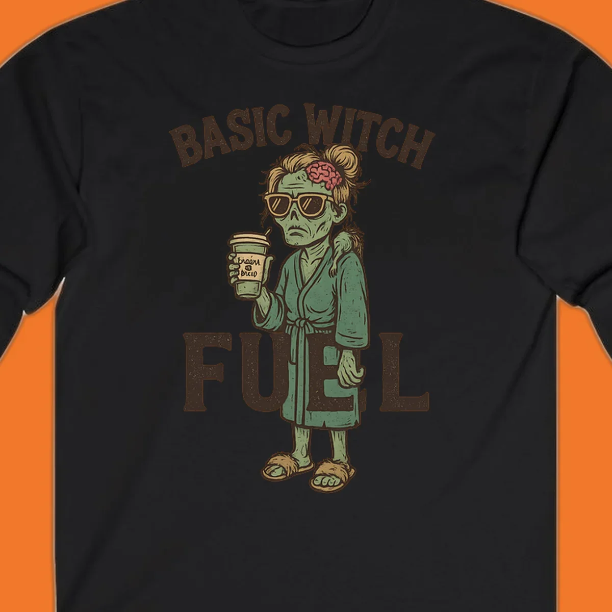 Basic witch fuel zombie woman with exposed brain drinking coffee, Halloween shirt design.