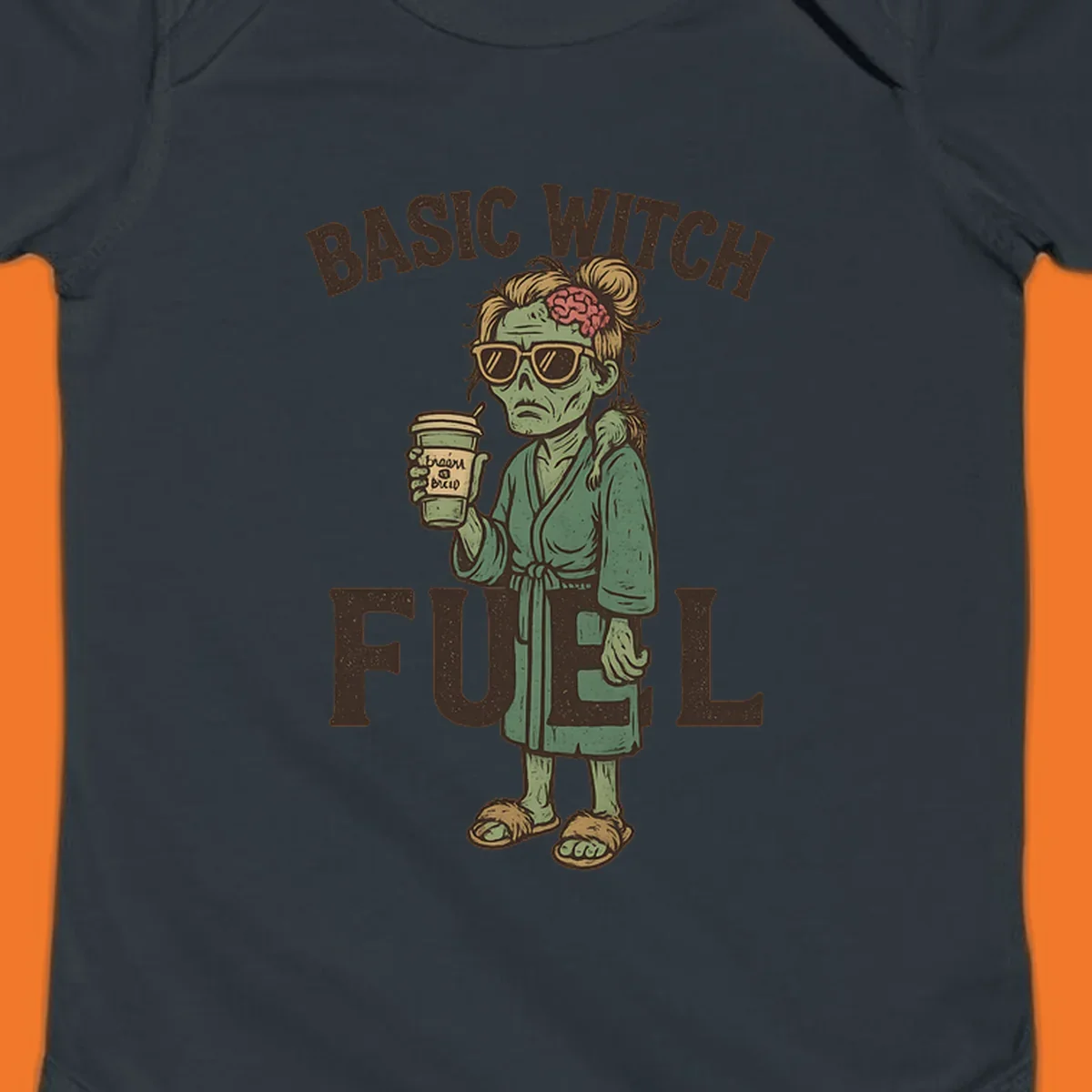 Basic witch fuel zombie woman with exposed brain drinking coffee, Halloween shirt design.