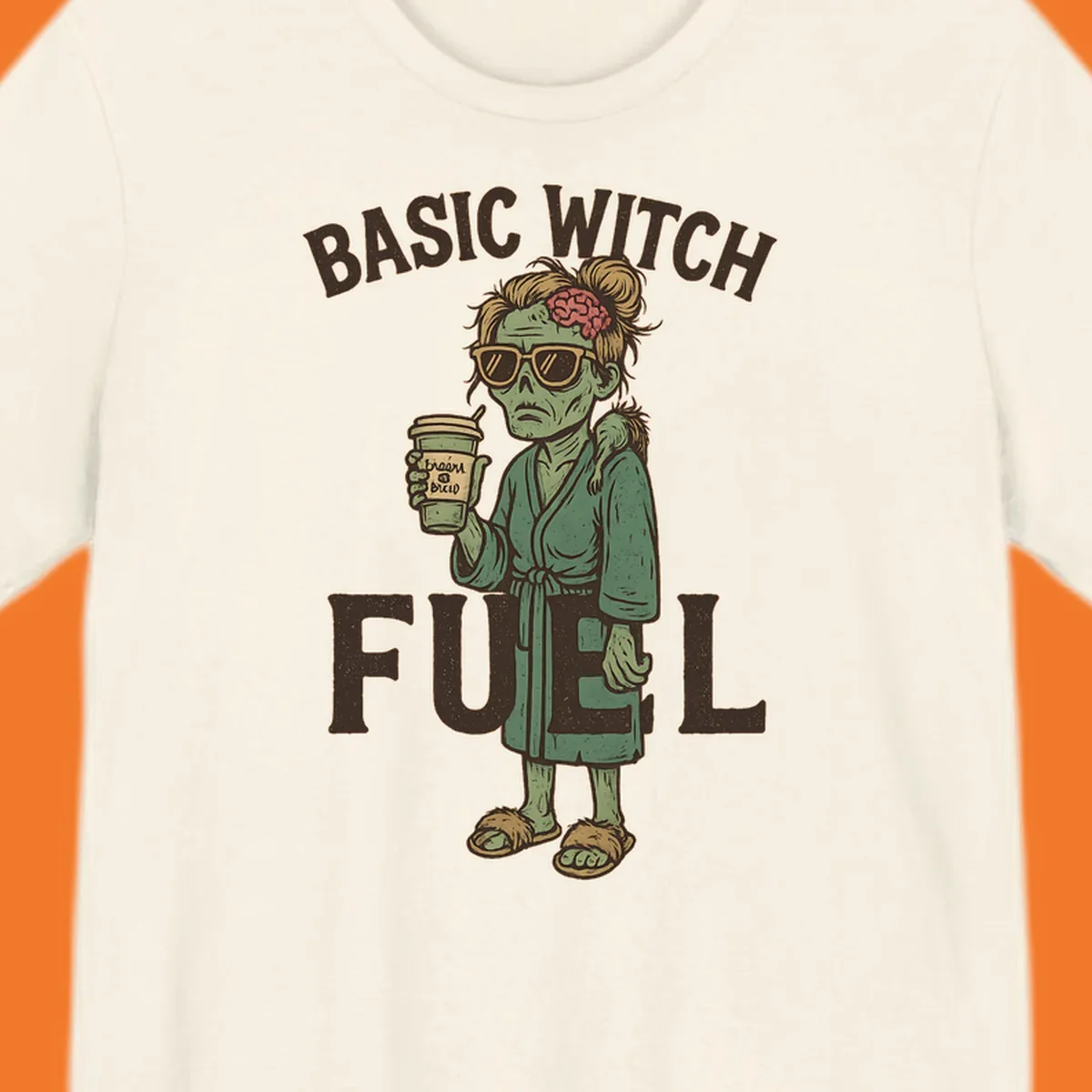 Basic witch fuel zombie woman with exposed brain drinking coffee, Halloween shirt design.