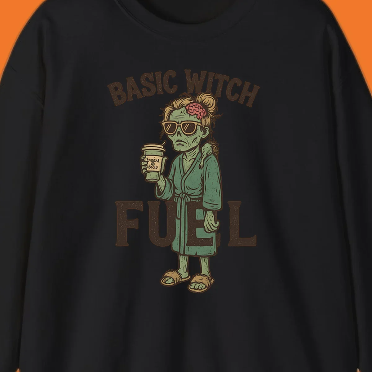 Basic witch fuel zombie woman with exposed brain drinking coffee, Halloween shirt design.