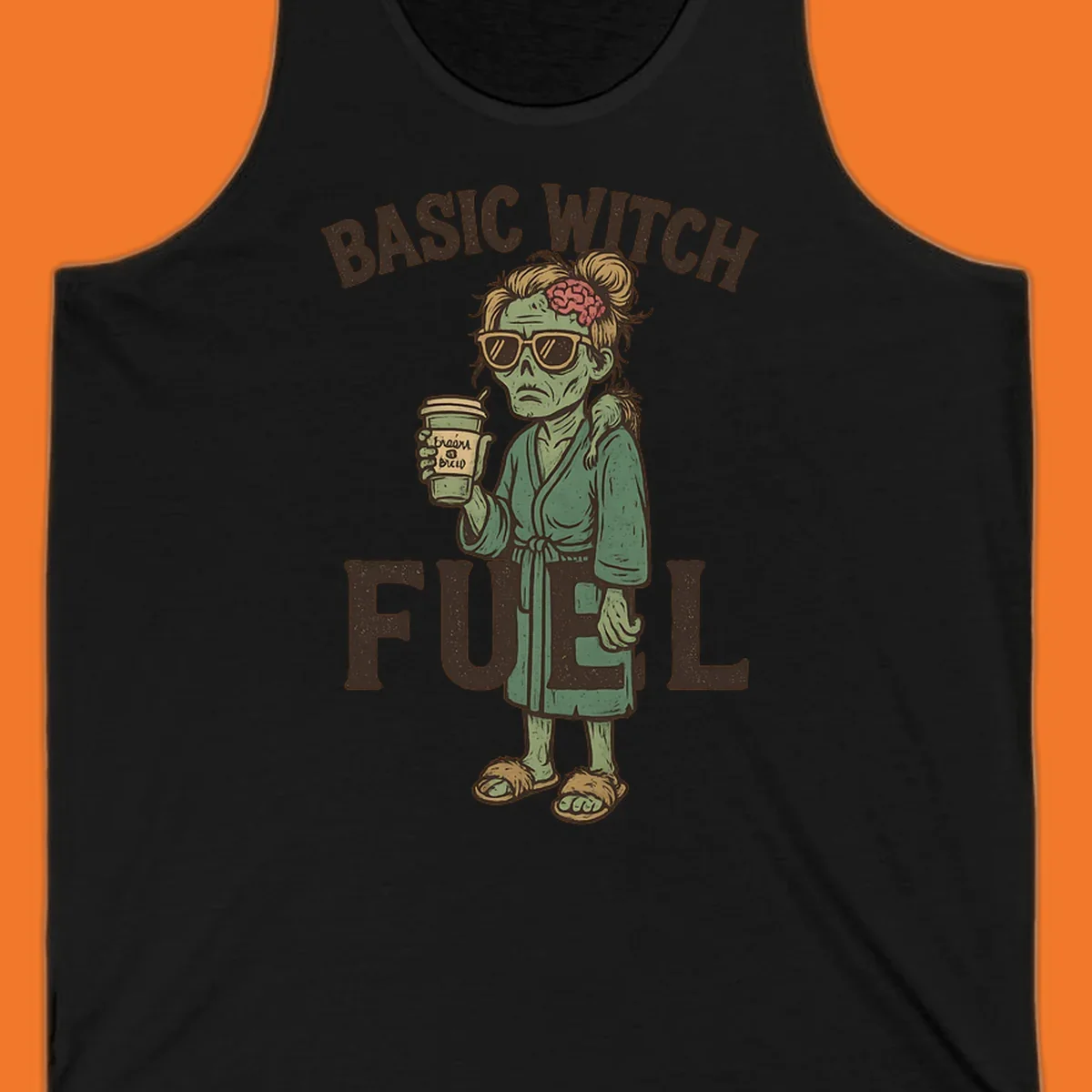 Basic witch fuel zombie woman with exposed brain drinking coffee, Halloween shirt design.