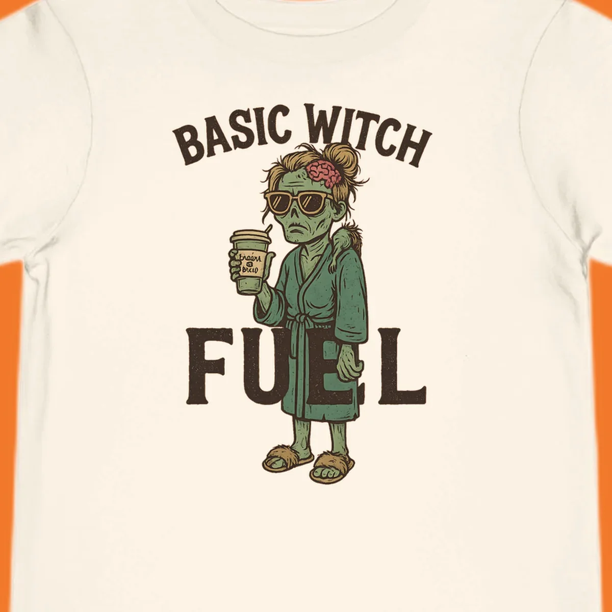Basic witch fuel zombie woman with exposed brain drinking coffee, Halloween shirt design.