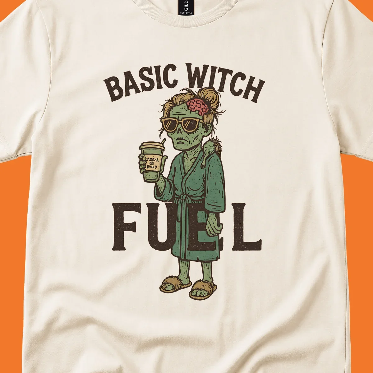 Basic witch fuel zombie woman with exposed brain drinking coffee, Halloween shirt design.