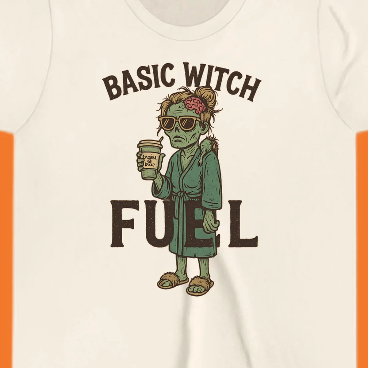 Basic witch fuel zombie woman with exposed brain drinking coffee, Halloween shirt design.