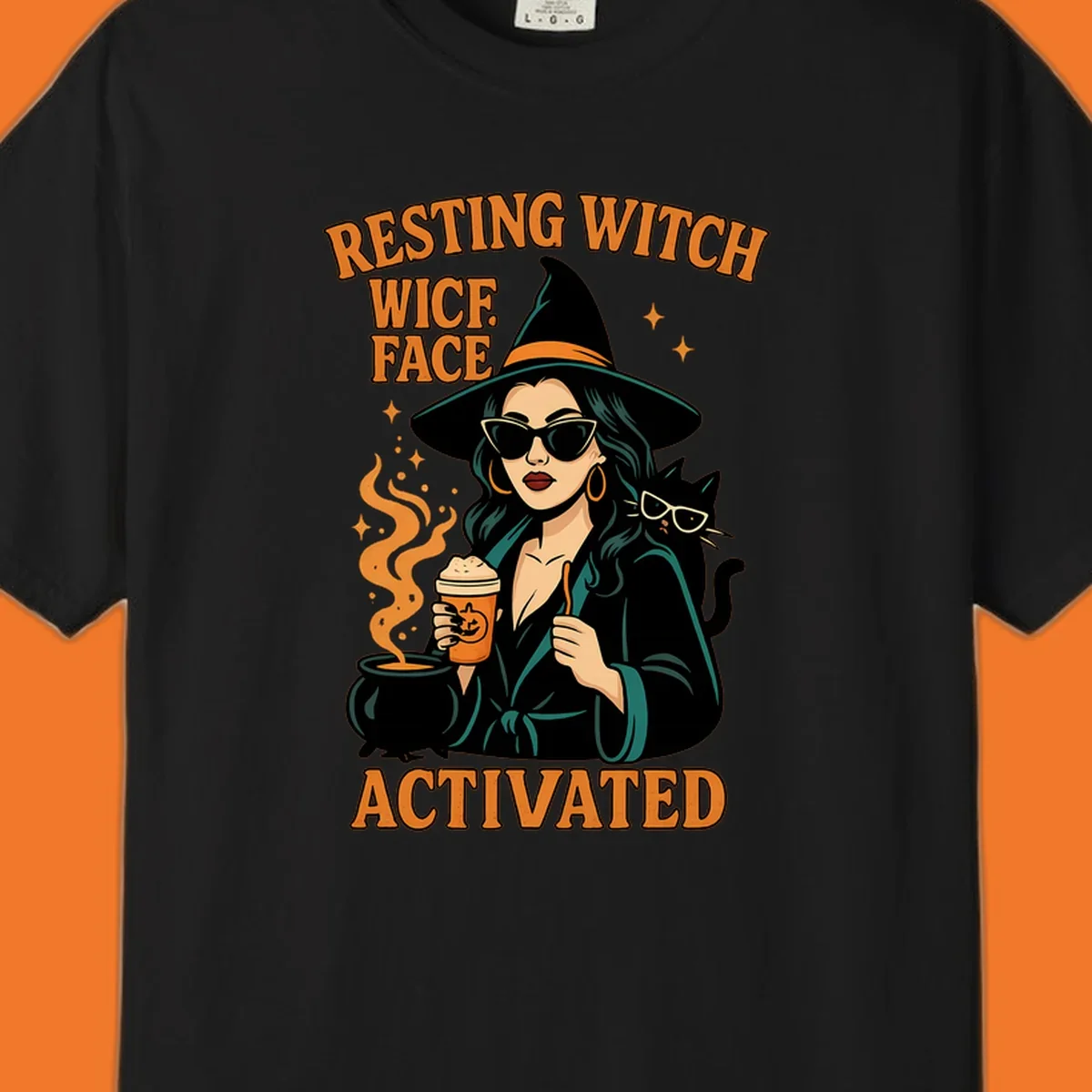 Resting witch face activated illustration with a witch, cat, coffee, and cauldron.