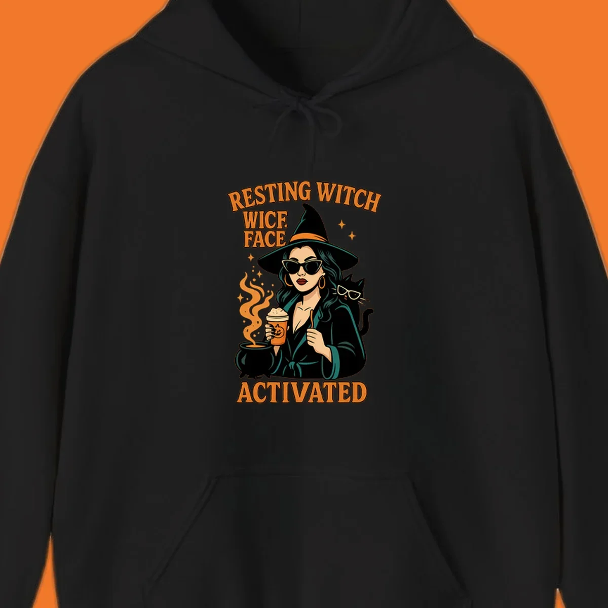 Resting witch face activated illustration with a witch, cat, coffee, and cauldron.