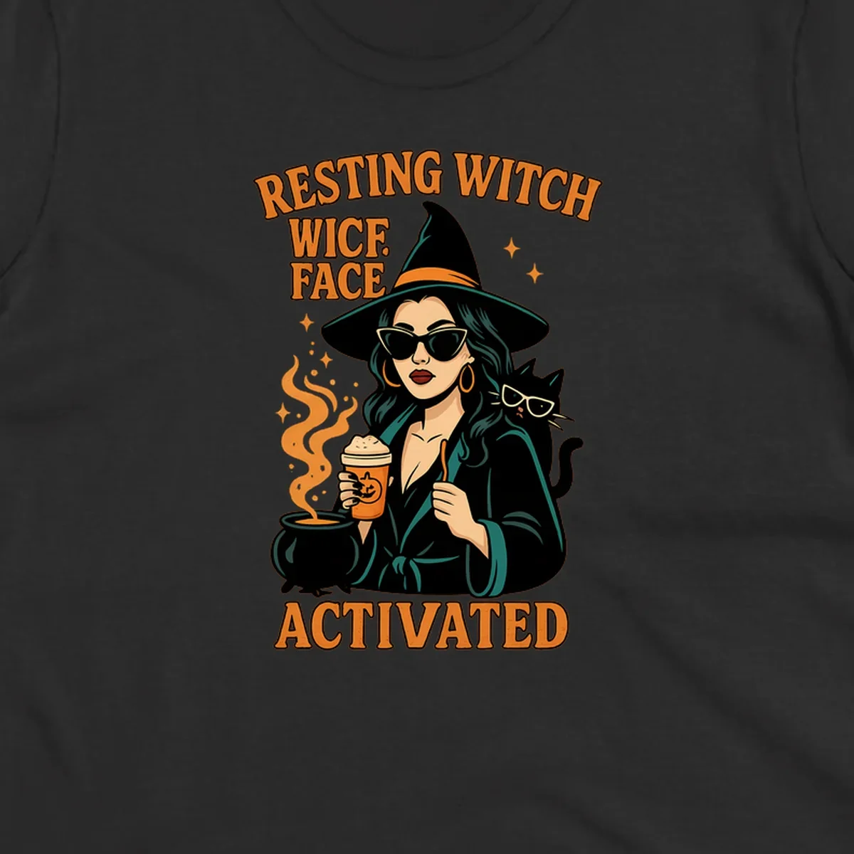 Resting witch face activated illustration with a witch, cat, coffee, and cauldron.