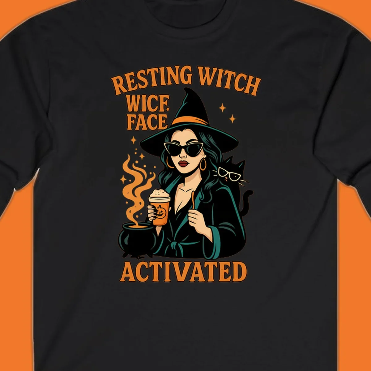 Resting witch face activated illustration with a witch, cat, coffee, and cauldron.