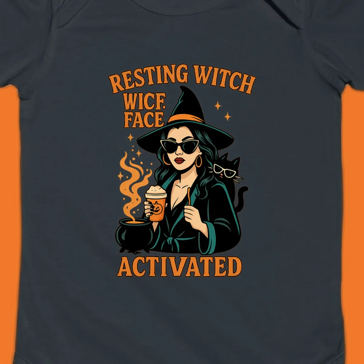 Resting witch face activated illustration with a witch, cat, coffee, and cauldron.