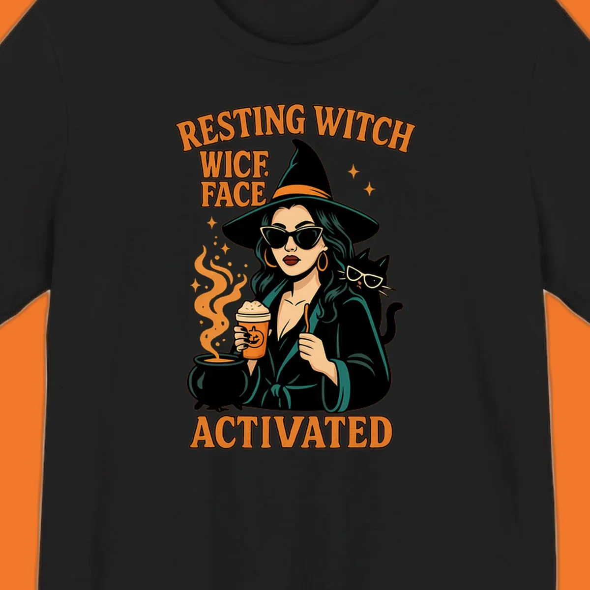 Resting witch face activated illustration with a witch, cat, coffee, and cauldron.
