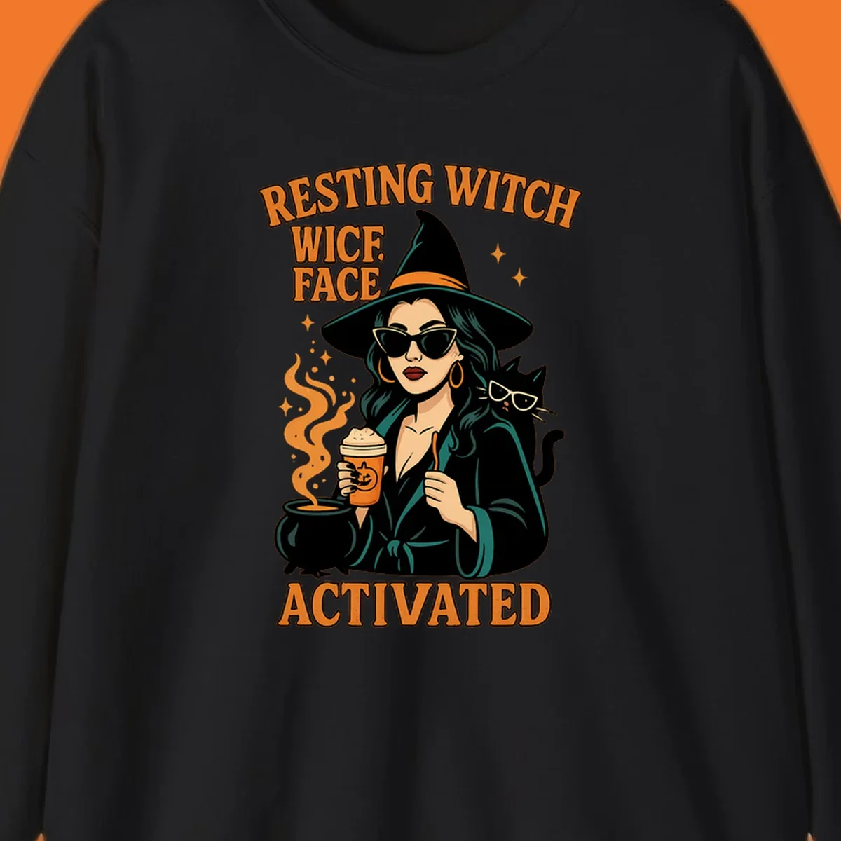 Resting witch face activated illustration with a witch, cat, coffee, and cauldron.