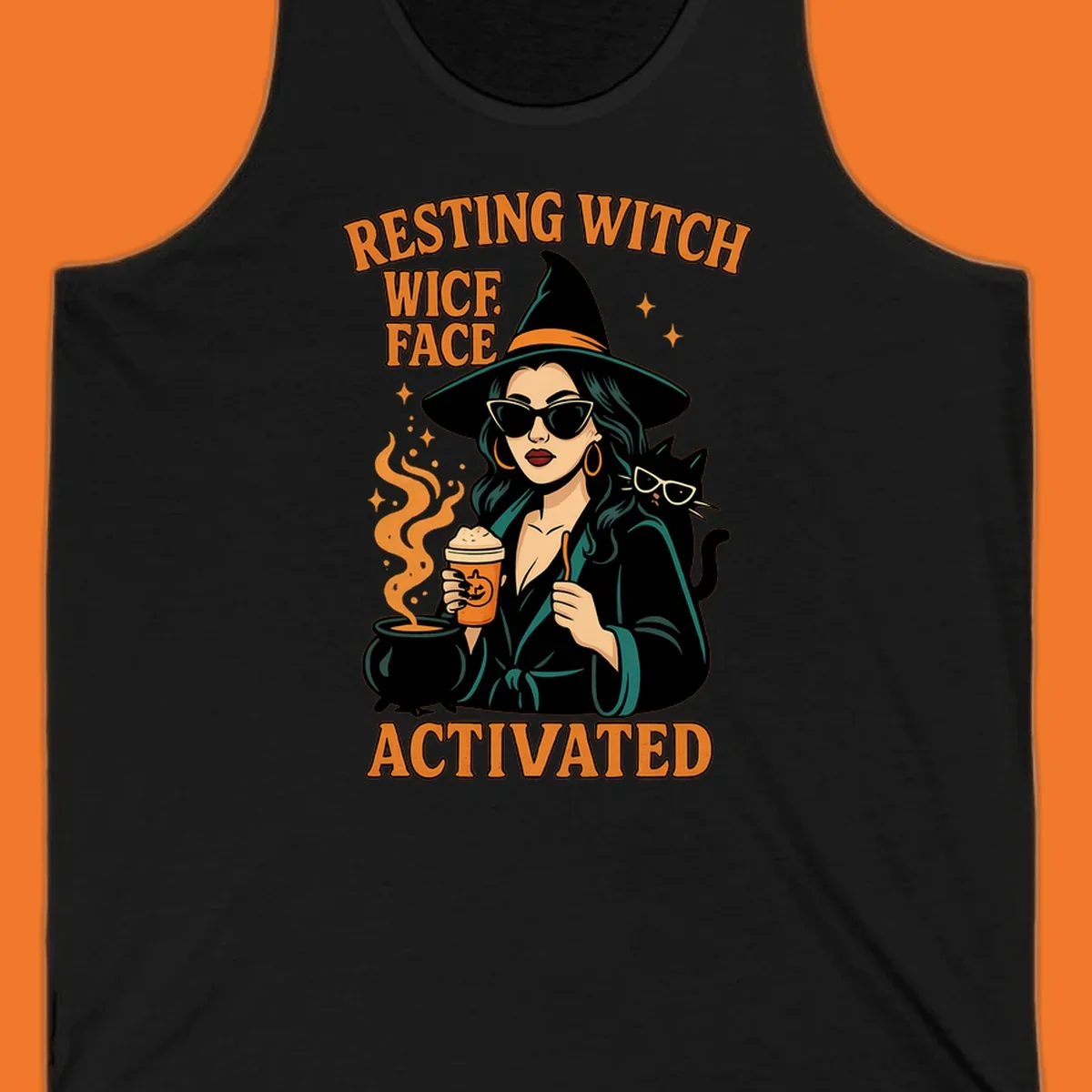Resting witch face activated illustration with a witch, cat, coffee, and cauldron.