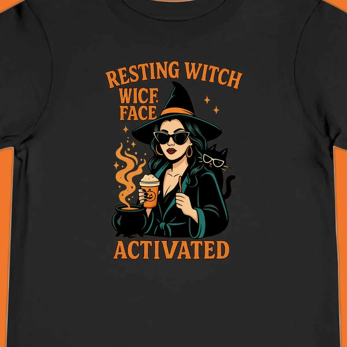 Resting witch face activated illustration with a witch, cat, coffee, and cauldron.