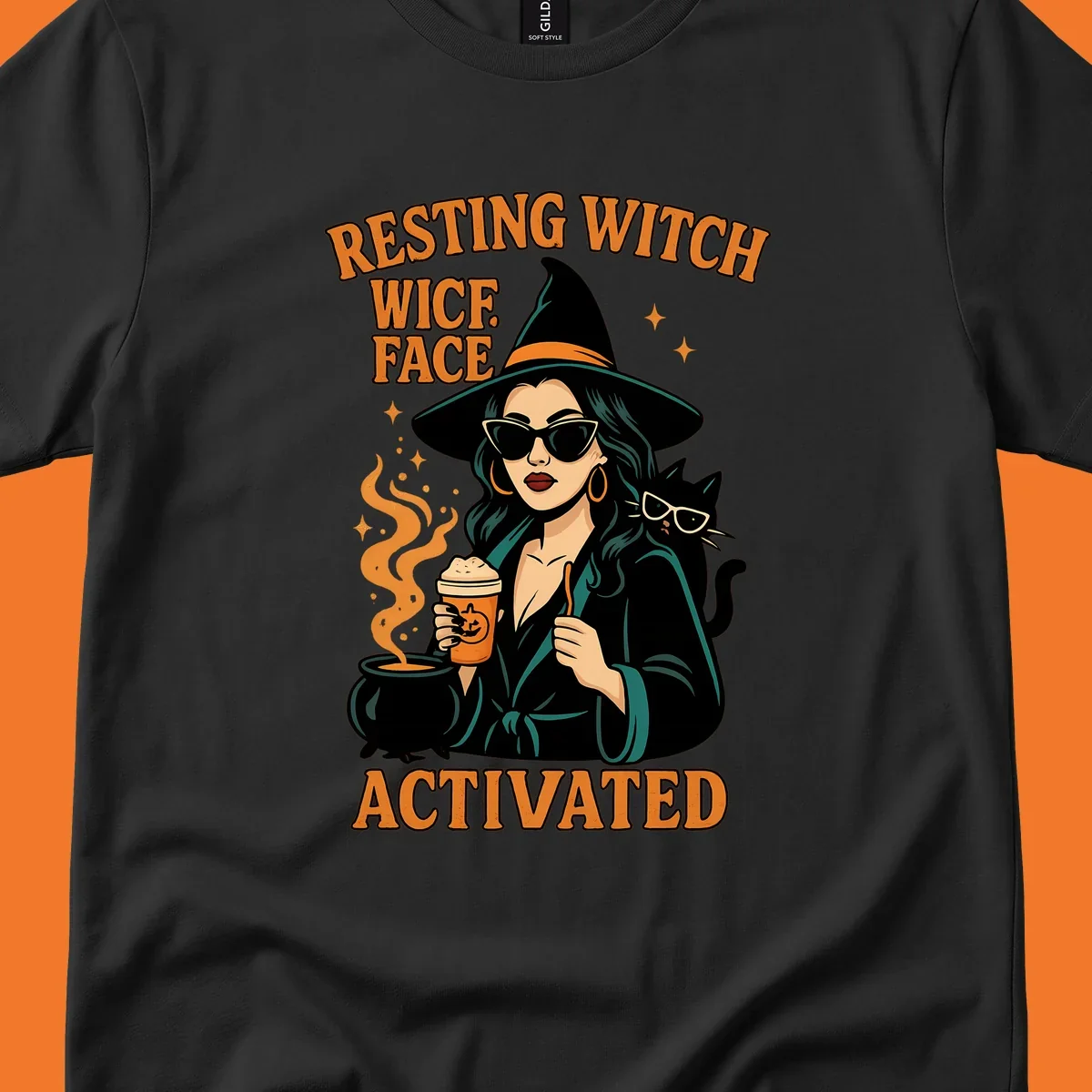 Resting witch face activated illustration with a witch, cat, coffee, and cauldron.