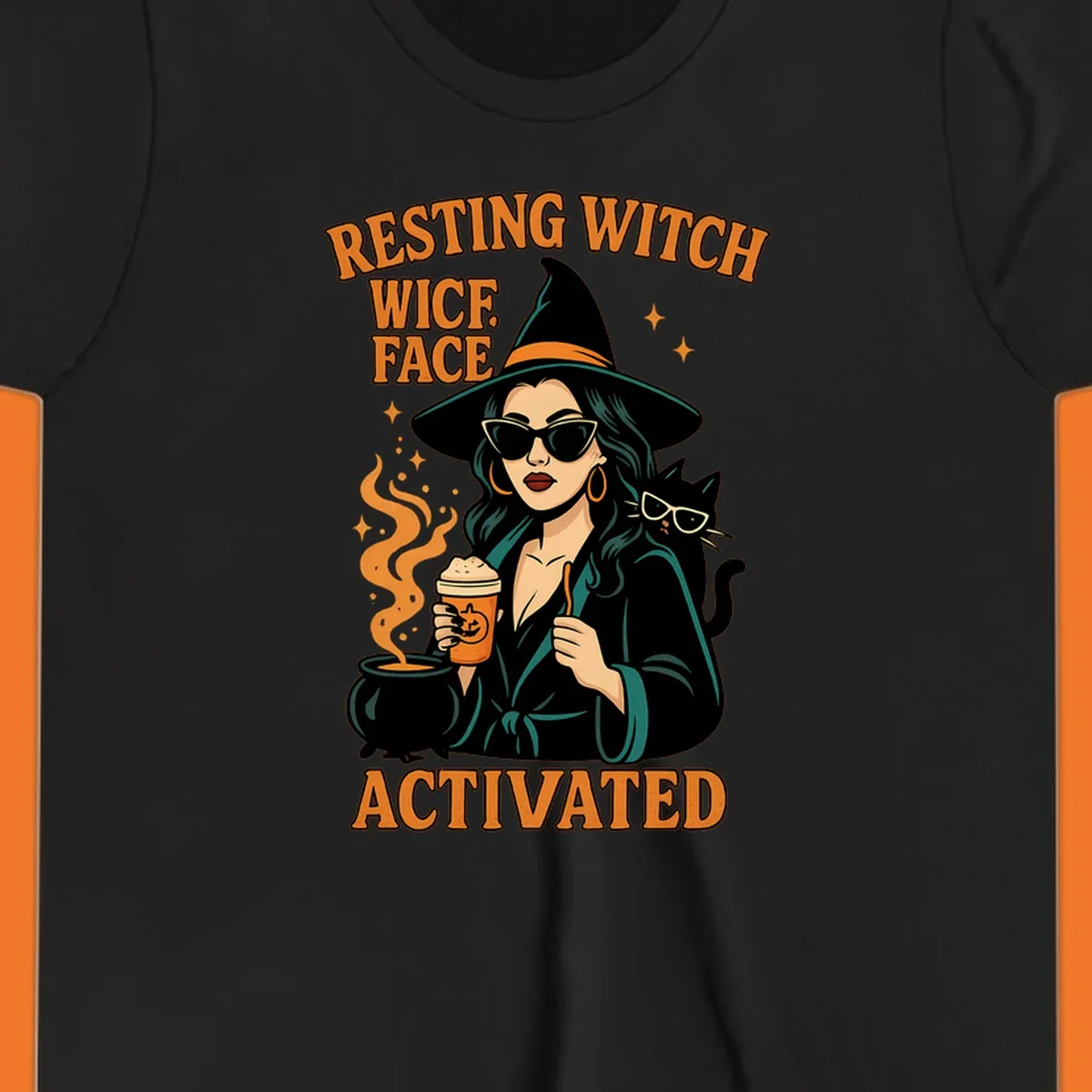 Resting witch face activated illustration with a witch, cat, coffee, and cauldron.