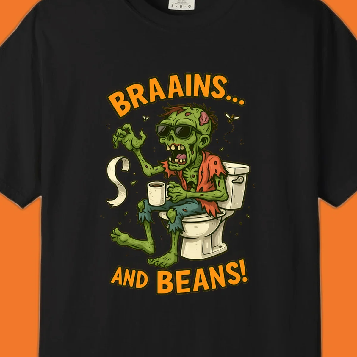 Zombie sitting on a toilet with coffee and toilet paper, text 'BRAAINS... AND BEANS!'.