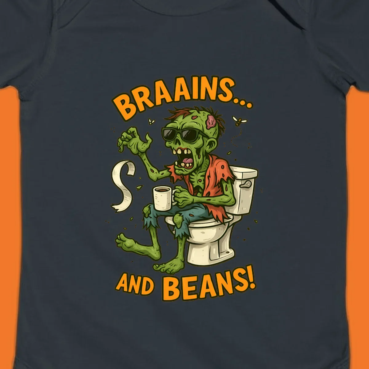 Zombie sitting on a toilet with coffee and toilet paper, text 'BRAAINS... AND BEANS!'.