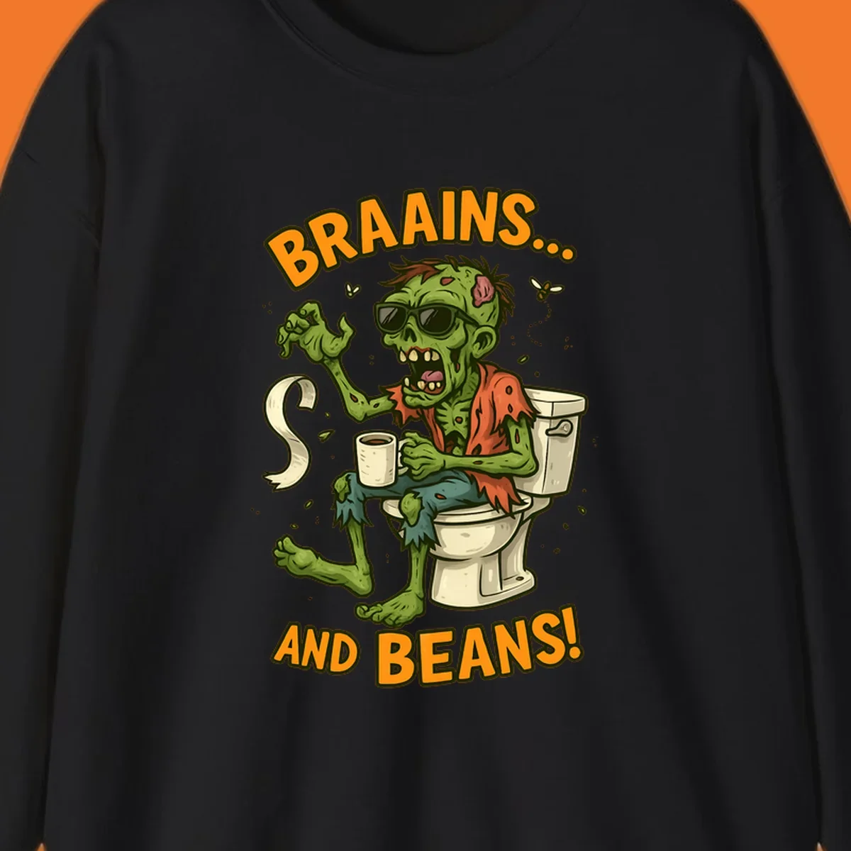 Zombie sitting on a toilet with coffee and toilet paper, text 'BRAAINS... AND BEANS!'.