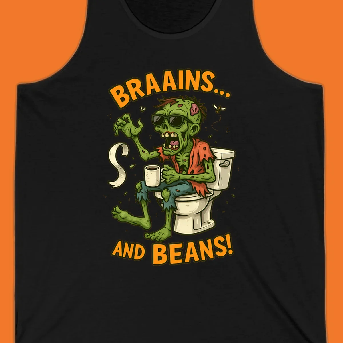 Zombie sitting on a toilet with coffee and toilet paper, text 'BRAAINS... AND BEANS!'.