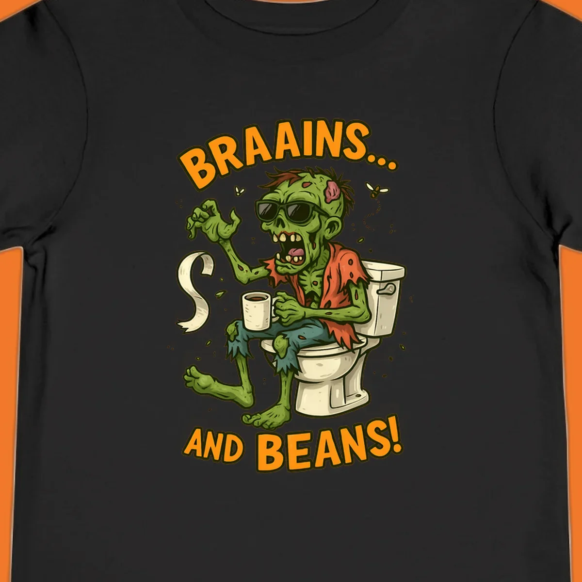 Zombie sitting on a toilet with coffee and toilet paper, text 'BRAAINS... AND BEANS!'.