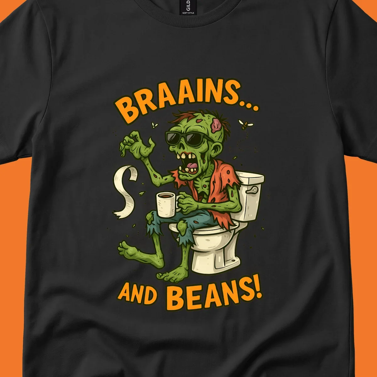 Zombie sitting on a toilet with coffee and toilet paper, text 'BRAAINS... AND BEANS!'.