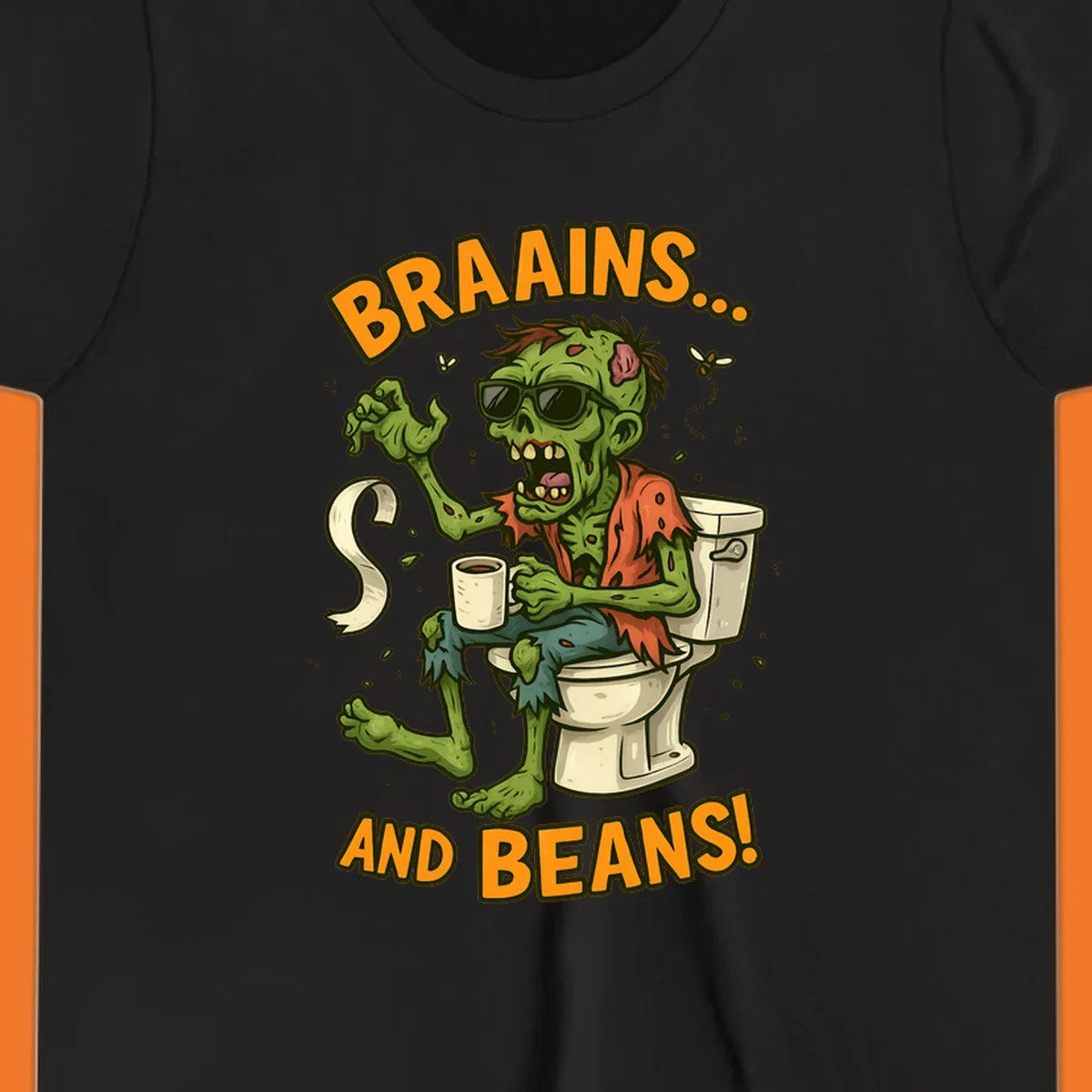 Zombie sitting on a toilet with coffee and toilet paper, text 'BRAAINS... AND BEANS!'.