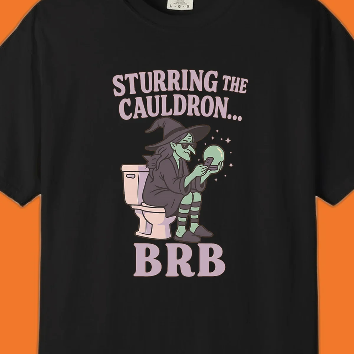 Funny witch on toilet looking at phone with crystal ball, text says Stirring the Cauldron... BRB