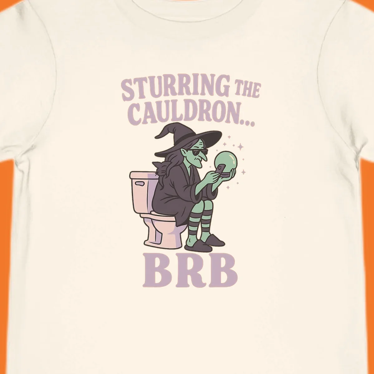 Funny witch on toilet looking at phone with crystal ball, text says Stirring the Cauldron... BRB