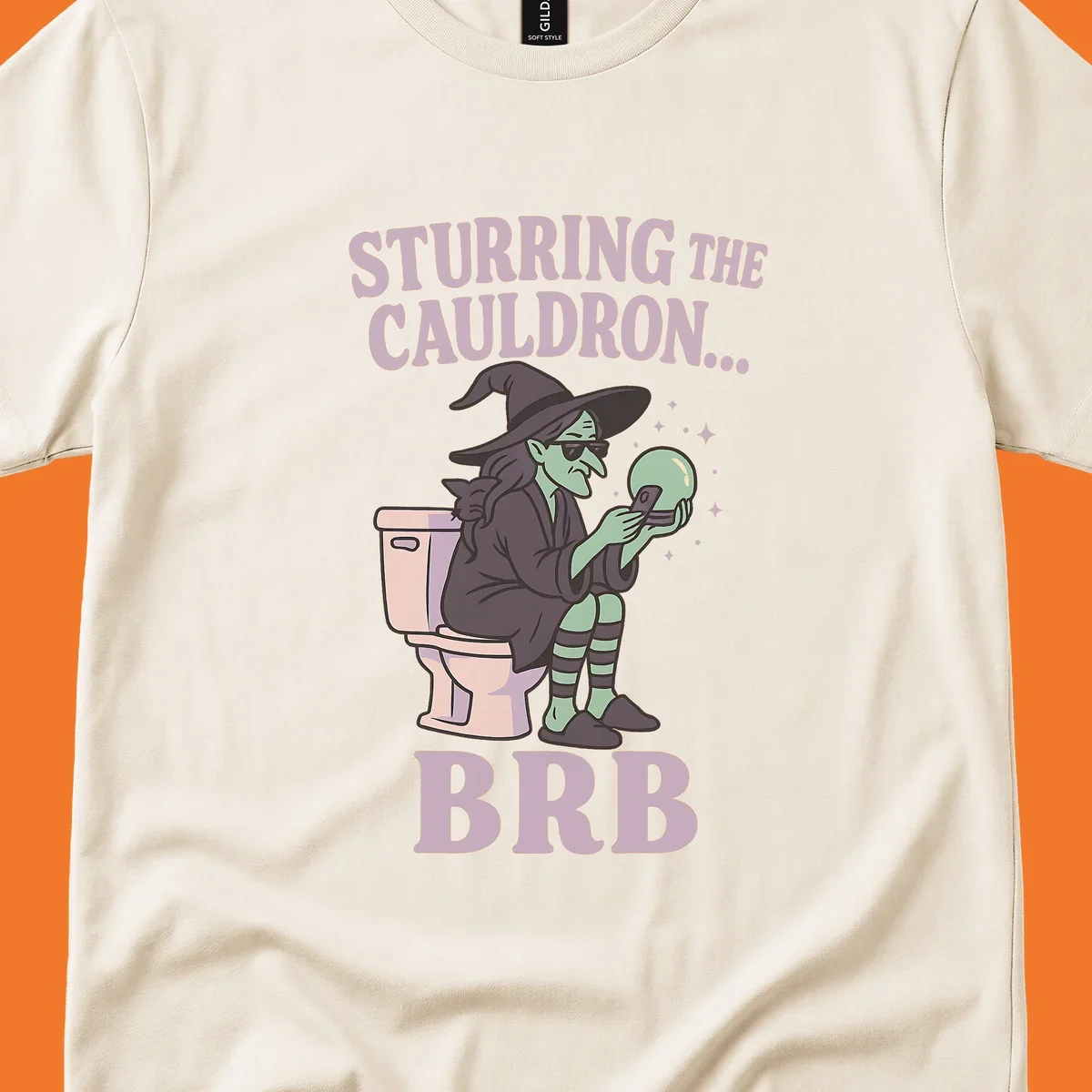 Funny witch on toilet looking at phone with crystal ball, text says Stirring the Cauldron... BRB