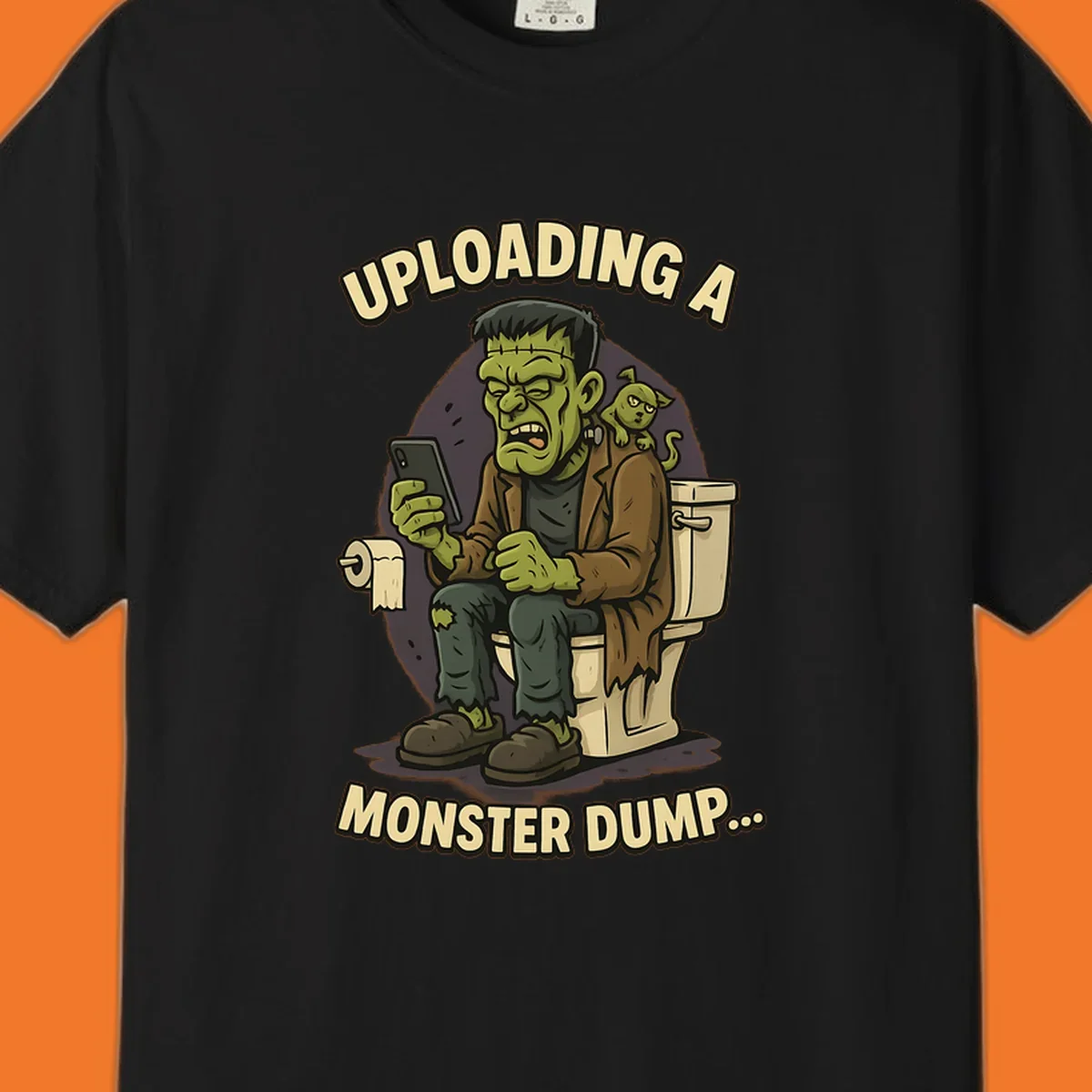 Frankenstein monster on toilet using phone with text uploading a monster dump, Halloween design.