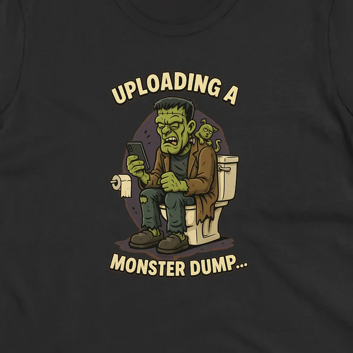 Frankenstein monster on toilet using phone with text uploading a monster dump, Halloween design.