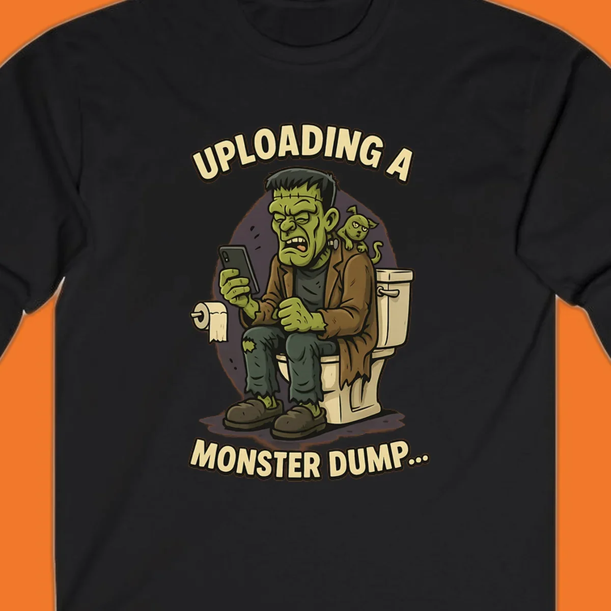 Frankenstein monster on toilet using phone with text uploading a monster dump, Halloween design.