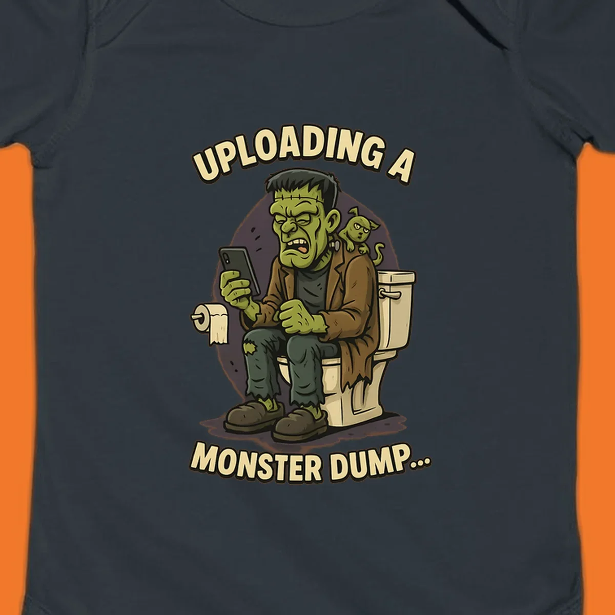 Frankenstein monster on toilet using phone with text uploading a monster dump, Halloween design.