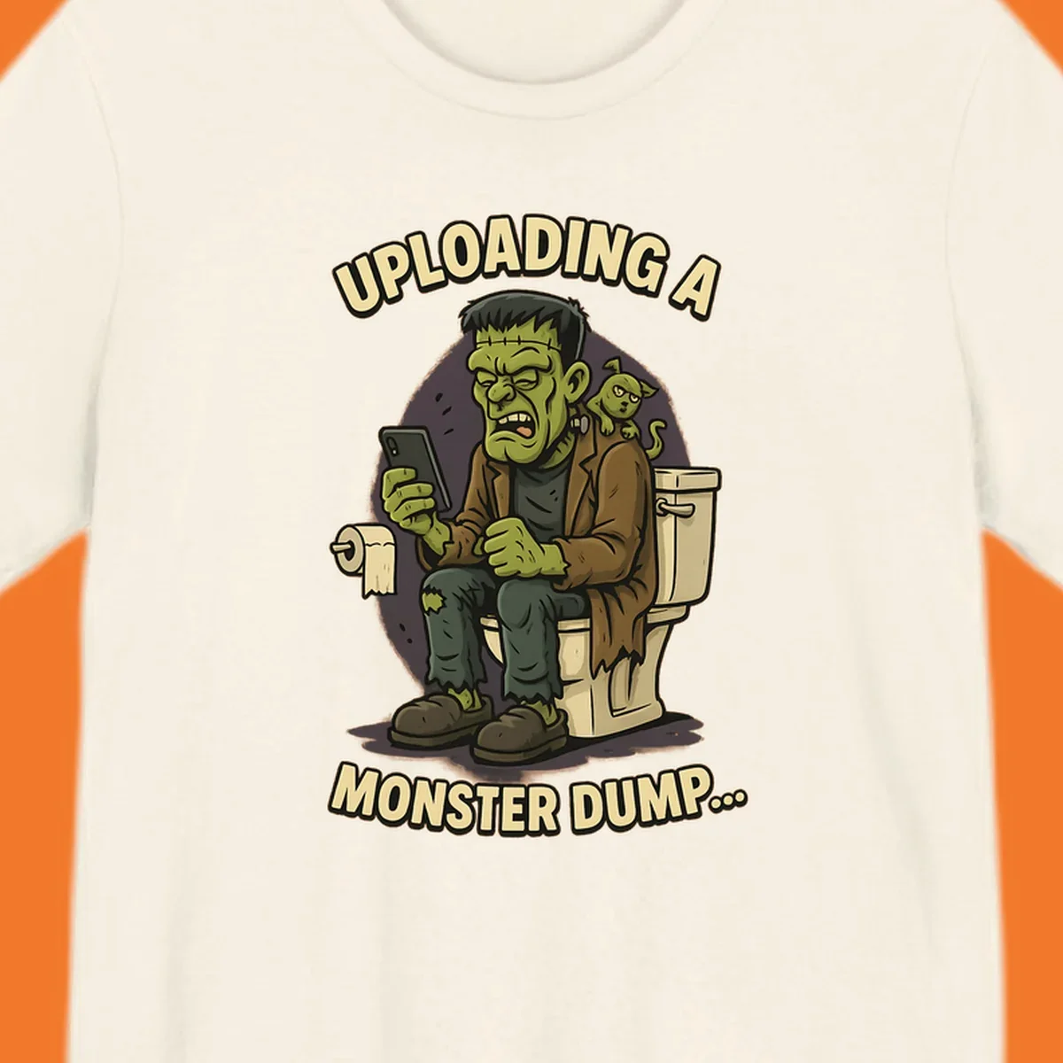 Frankenstein monster on toilet using phone with text uploading a monster dump, Halloween design.
