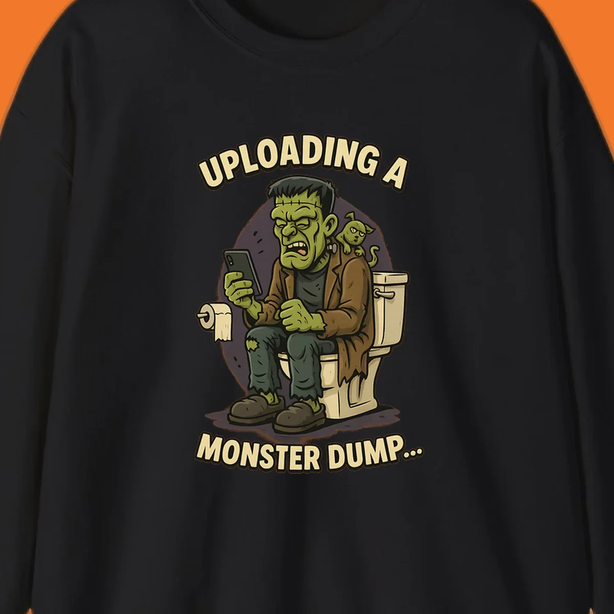 Frankenstein monster on toilet using phone with text uploading a monster dump, Halloween design.