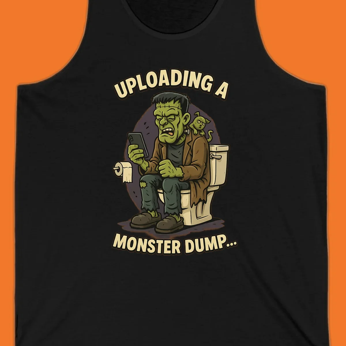 Frankenstein monster on toilet using phone with text uploading a monster dump, Halloween design.